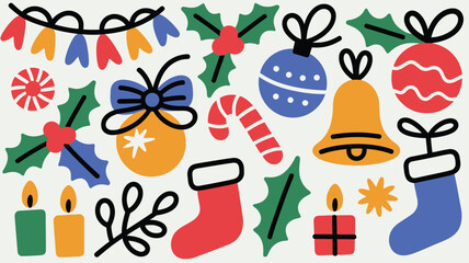 Whimsical Christmas Holiday Icons and Elements in a Fun Colorful Style