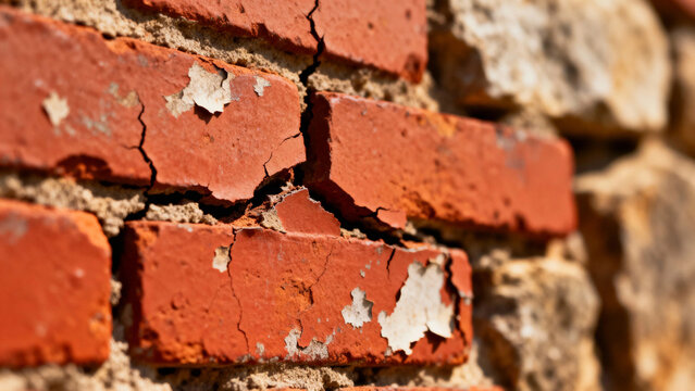 Close-up of cracked red brick wall with peeling paint and weathered texture