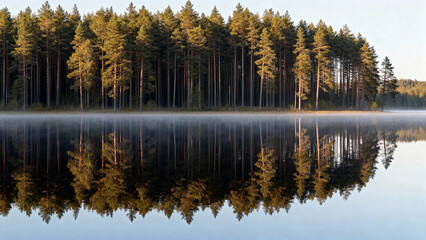 Calm lake reflecting dense pine forest at dawn