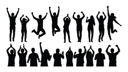Happy people silhouettes jumping and cheering isolated on white background, Vector