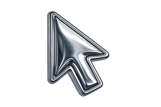 Metallic chrome cursor icon pointing, digital technology pointer for navigation and click concepts, transparent background