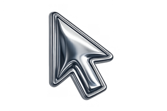 Metallic chrome cursor icon pointing, digital technology pointer for navigation and click concepts, transparent background