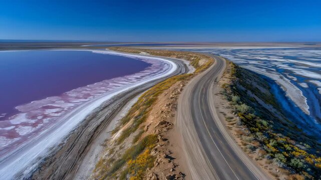 141Wide aerial panorama capturing a brilliant pink salt lake with smooth blue water beside it, separated by a curving road under a cloudless azure sky