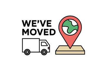 A moving truck and a map marker with a globe indicate that we have moved.