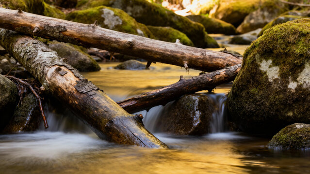 A serene forest stream flows over moss-covered rocks and fallen logs, creating a tranquil natural scene.