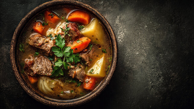 Hearty stew in a rustic bowl. The image showcases a delicious and inviting meal