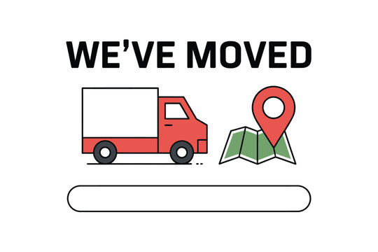 We've moved announcement with truck, map, and location pin