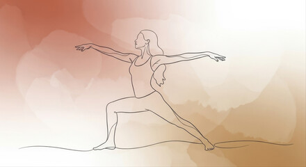 Continuous line art illustration of woman doing yoga pose with watercolor texture background