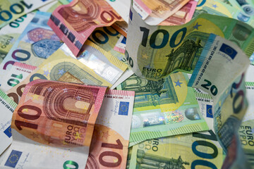 Obraz premium Pile of colorful euro money, symbol of financial success, European currency and economic investment growth
