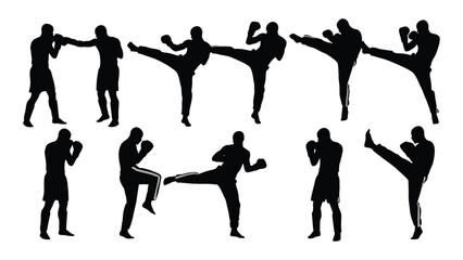 Martial arts and kickboxing silhouettes isolated on white background, Vector