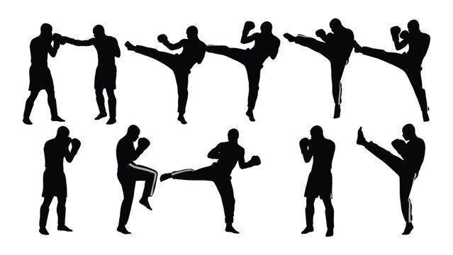 Martial arts and kickboxing silhouettes isolated on white background, Vector - Powered by Adobe
