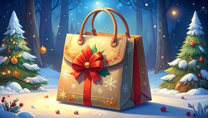 A festive handbag gift set amid a snow-covered forest during winter, lit by fairy lights and snow