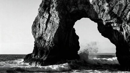 Natural rock arch formation by the ocean with waves crashing beneath