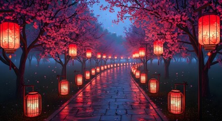 Enchanting pathway lined with red lanterns and cherry blossoms