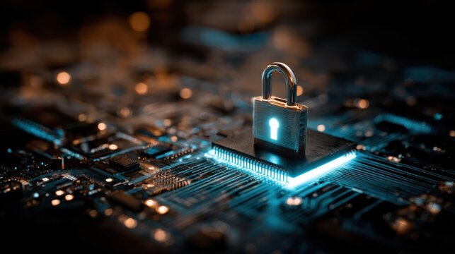 Digital cybersecurity concept featuring a metallic padlock on a microchip surrounded by glowing circuitry and data connections for technology visuals