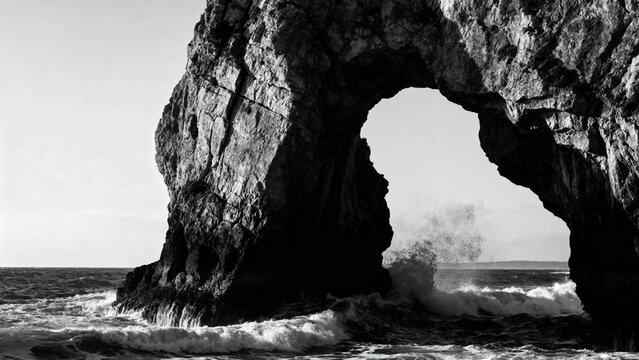 Natural rock arch formation by the ocean with waves crashing beneath