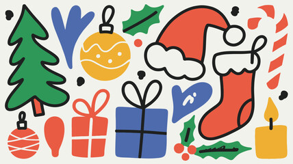Festive Christmas Holiday Doodle Illustration with Tree Ornaments Gifts and Seasonal Elements