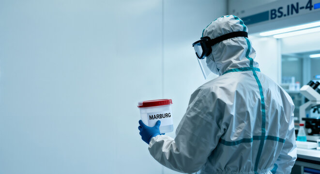 Researcher in Hazmat Suit Holding a Marburg Virus Sample Container in a High-Containment Laboratory - Powered by Adobe