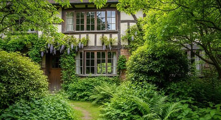 Charming Tudor House Nestled Amongst Lush Greenery.