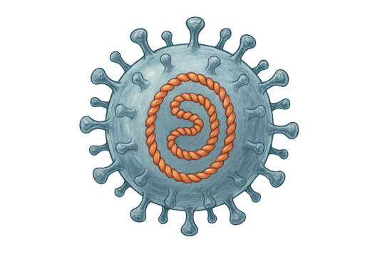 Coronavirus with twisted dna helix inside, depicting viral infection, disease, and medical research on transparent background