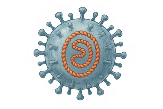 Coronavirus with twisted dna helix inside, depicting viral infection, disease, and medical research on transparent background