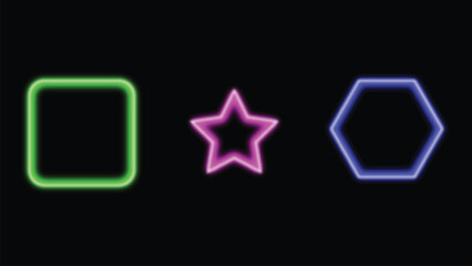 A vibrant neon trio featuring a green square, a pink star, and a blue hexagon glowing against a dark backdrop. Vector illustration