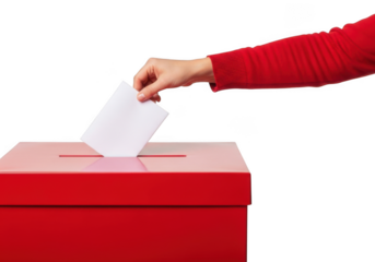 Hand casting a white ballot into a bright red voting box with a slot for the ballot isolated on transparent background