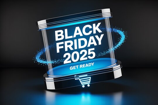 Futuristic black friday 2025 sale announcement with glowing neon lights