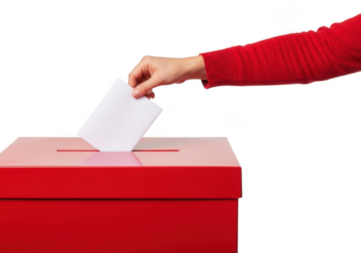 Hand casting a white ballot into a bright red voting box with a slot for the ballot isolated on transparent background