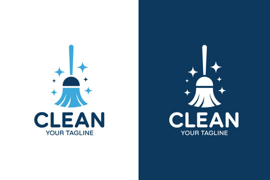 A cleaning service logo features a broom and sparkling stars against a blue background.