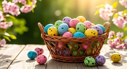 A wicker basket overflowing with colorful painted easter eggs on a wooden table outdoors with blooming pink flowers