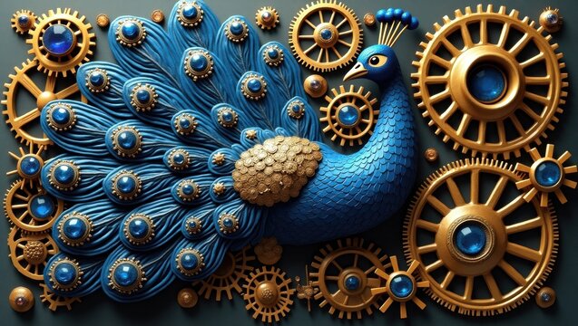 Steampunk peacock with intricate gears and jewels - Powered by Adobe