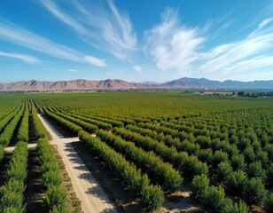 Aerial photo showcases vineyard with trees in rows. Landscape view of vast green field against mountains, bright cloudy sky. Countryside dirt road divides crop field. Farm grows eco food ingredients.