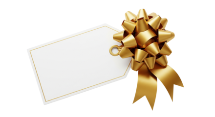 Gold bow on blank gift tag isolated on transparent background