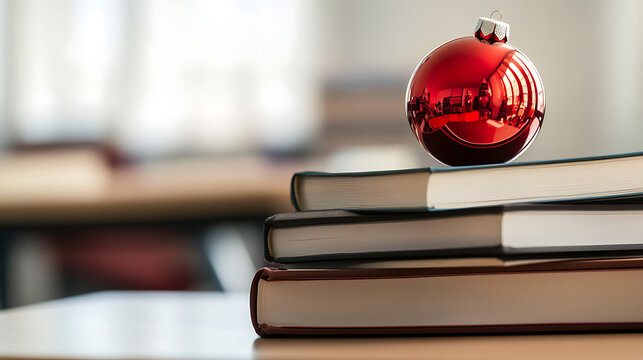 Festive learning with a red ornament on a book stack. Holiday spirit meets academia, a visual blend of celebration and knowledge on a blurred school background.