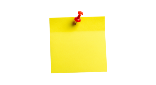 Yellow sticky note with red pushpin isolated on white isolated on transparent background