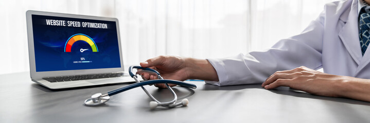 Computer software evaluating website loading speed. Concept of improving website loading speed brisk.