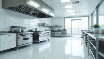 Modern industrial kitchen interior with stainless steel equipment, white tile walls. Pro cooking area ready for culinary use with sink counter stove, ventilation system provides hygiene. Bright