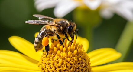 Close up of a bee collecting pollen from a bright yellow flower in macro photography.