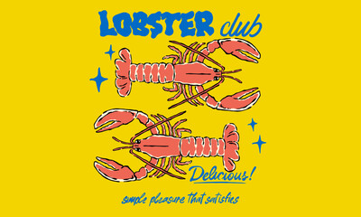 Retro artwork of two fresh lobsters with sparkles. Vintage Lobster Club illustration for seafood restaurant t shirt print