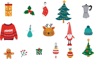 A charming collection of hand-drawn Christmas and winter holiday elements, including a festive tree, cute reindeer, gnome, and gift icons set on a white background