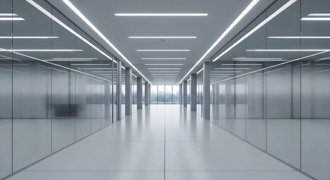 Modern office hallway with bright lights and glass walls
