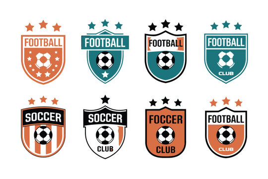 Collection of football and soccer club emblems with stars and shields.