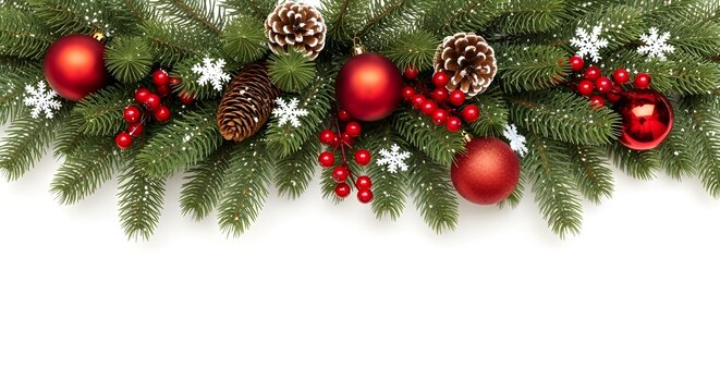 Festive christmas garland adorned with red baubles pinecones snowflakes and berries on white background