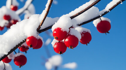 Crimson berries glisten, cradled in snow on bare branches against a crisp blue sky. Winter's embrace adds a pop of festive cheer to the serene landscape. A seasonal delight!