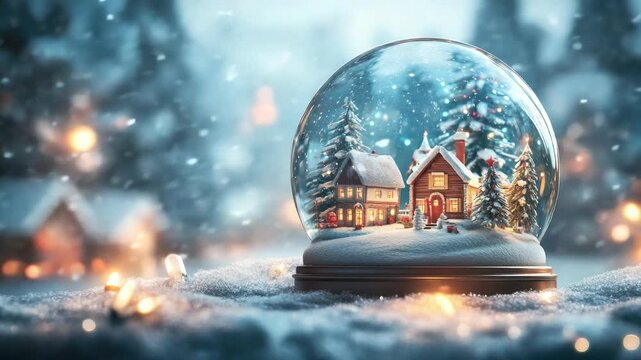 Snow globe featuring a cozy illuminated winter village with fir trees, gently falling snowflakes and soft bokeh lights, creating a festive, magical holiday scene