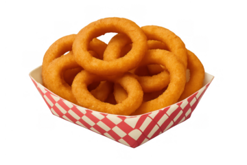 Golden crispy onion rings serving as a fried snack or appetizer, a classic fast food item on a transparent background