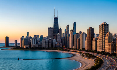 Naklejka premium Chicago Skyline at Sunrise Along Lake Michigan with Beach and Roadway View
