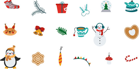 Winter Holiday Icons Set Festive Icons for Christmas, New Year, and Cold Weather Designs, Including Sock, Fir Branch, Bells, Snowman
