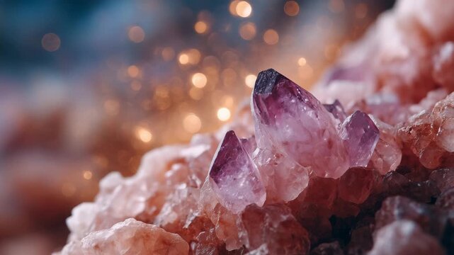 173Clustered and isolated pink salt crystals in close focus, light refracting to create natural glimmer, neutral background for cinematic contrast